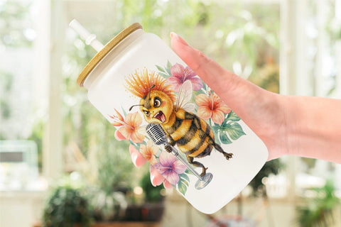 Glass Can Watercolor Sarcastic Rocker Bee Tropical Sublimation artnoy 
