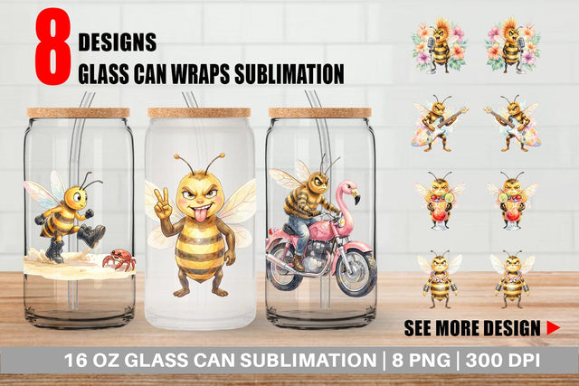 Glass Can Watercolor Sarcastic Rocker Bee Tropical Sublimation artnoy 