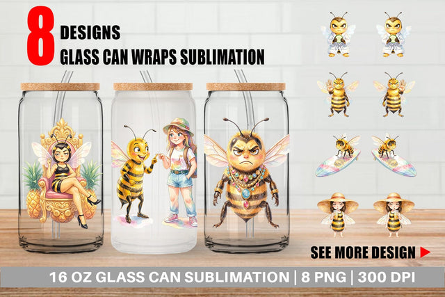 Glass Can Watercolor Sassy Queen Bee Vacation Art Sublimation artnoy 