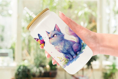 Glass Can Watercolor Sassy Sarcastic Camping Cat Sublimation artnoy 