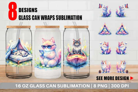 Glass Can Watercolor Sassy Sarcastic Camping Cat Sublimation artnoy 