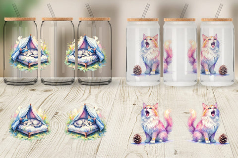 Glass Can Watercolor Sassy Sarcastic Camping Cat Sublimation artnoy 