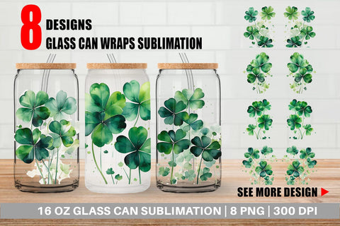 Glass Can Watercolor Shamrock Leaves Sublimation artnoy 