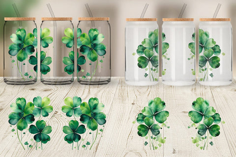 Glass Can Watercolor Shamrock Leaves Sublimation artnoy 