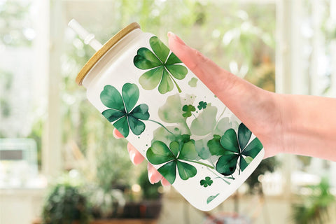 Glass Can Watercolor Shamrock Leaves Sublimation artnoy 
