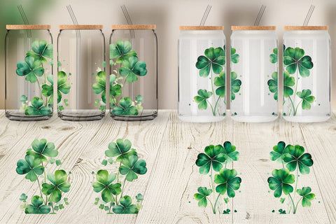 Glass Can Watercolor Shamrock Leaves Sublimation artnoy 