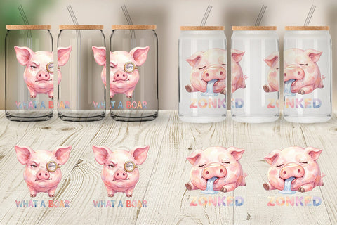 Glass Can Watercolor Silly Piggy Muddy Quotes Sublimation artnoy 