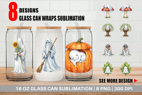 Glass Can Watercolor Sleepy Autumn Pumpkin Ghost Sublimation artnoy 