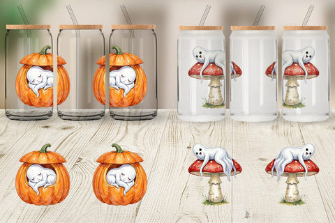 Glass Can Watercolor Sleepy Autumn Pumpkin Ghost Sublimation artnoy 