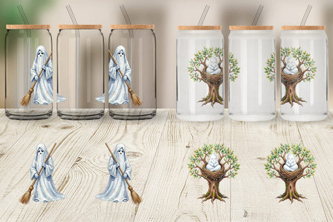 Glass Can Watercolor Sleepy Autumn Pumpkin Ghost Sublimation artnoy 