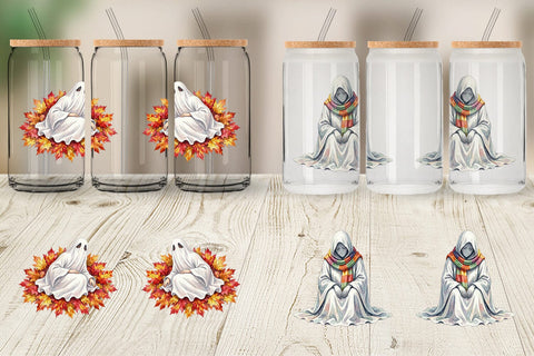 Glass Can Watercolor Sleepy Autumn Pumpkin Ghost Sublimation artnoy 