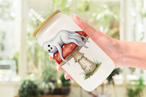 Glass Can Watercolor Sleepy Autumn Pumpkin Ghost Sublimation artnoy 