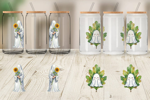 Glass Can Watercolor Sleepy Autumn Pumpkin Ghost Sublimation artnoy 