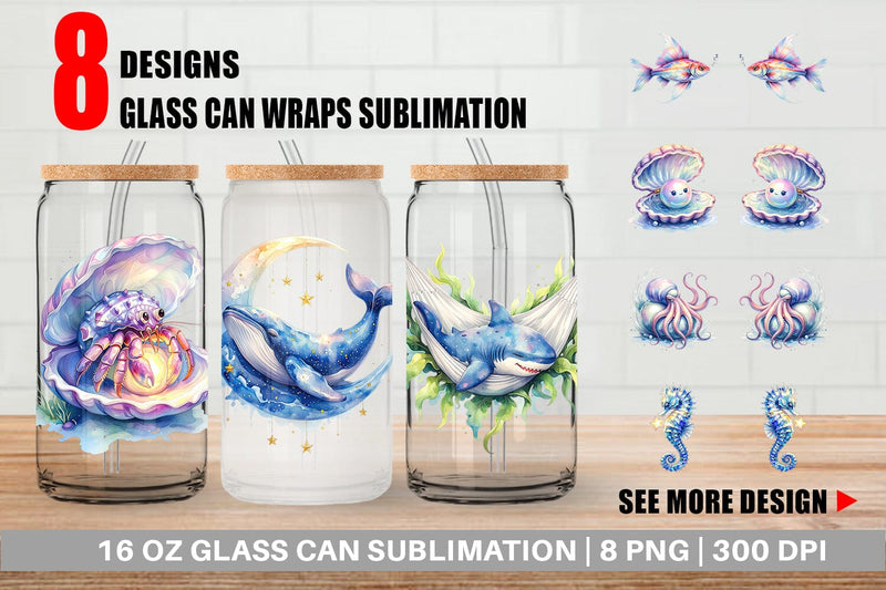 Glass Can Watercolor Sleepy Baby Ocean Animals Sublimation artnoy 