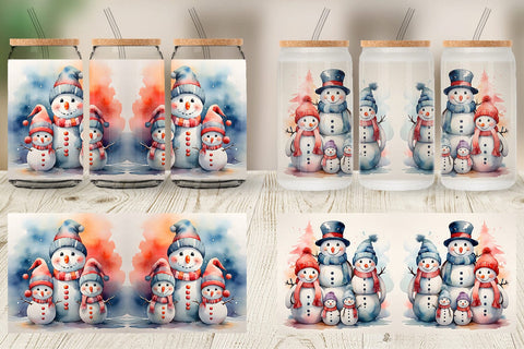 Glass Can Watercolor Snowman Family Sublimation artnoy 