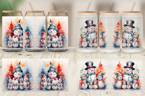 Glass Can Watercolor Snowman Family Sublimation artnoy 