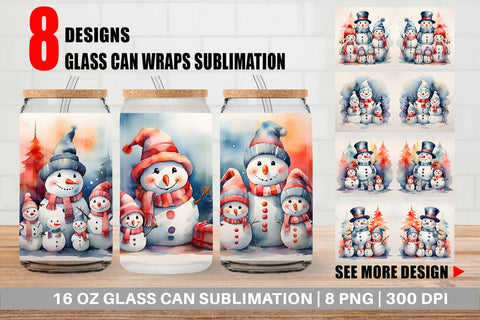 Glass Can Watercolor Snowman Family Sublimation artnoy 