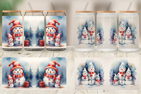 Glass Can Watercolor Snowman Family Sublimation artnoy 