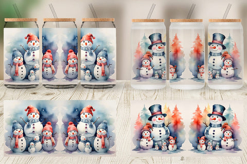 Glass Can Watercolor Snowman Family Sublimation artnoy 