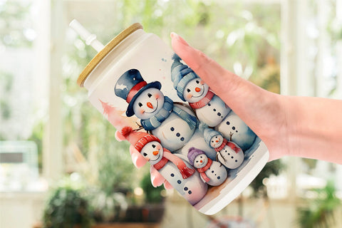 Glass Can Watercolor Snowman Family Sublimation artnoy 