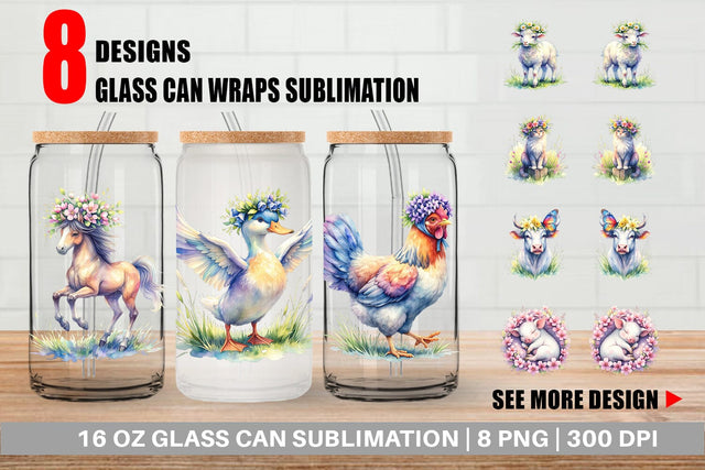Glass Can Watercolor Spring Farmyard Flower Art Sublimation artnoy 