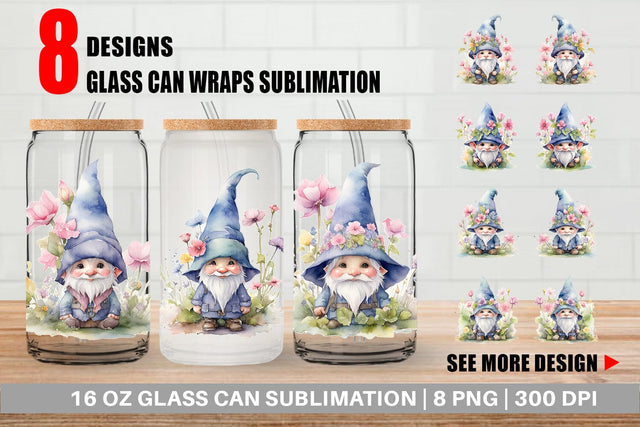 Glass Can Watercolor Spring Gnome Sublimation artnoy 