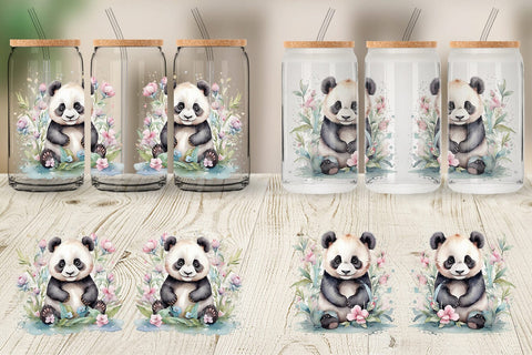 Glass Can Watercolor Spring Panda Sublimation artnoy 
