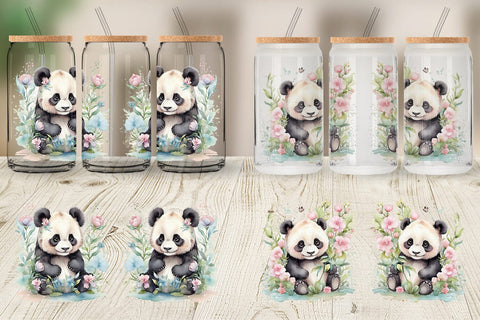 Glass Can Watercolor Spring Panda Sublimation artnoy 