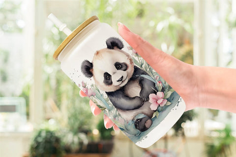 Glass Can Watercolor Spring Panda Sublimation artnoy 