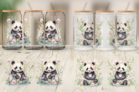 Glass Can Watercolor Spring Panda Sublimation artnoy 