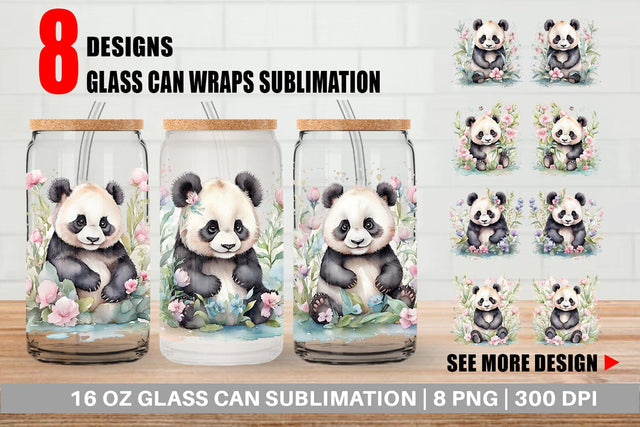 Glass Can Watercolor Spring Panda Sublimation artnoy 
