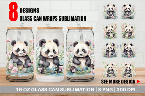 Glass Can Watercolor Spring Panda Sublimation artnoy 