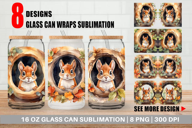 Glass Can Watercolor Squirrel Sublimation artnoy 