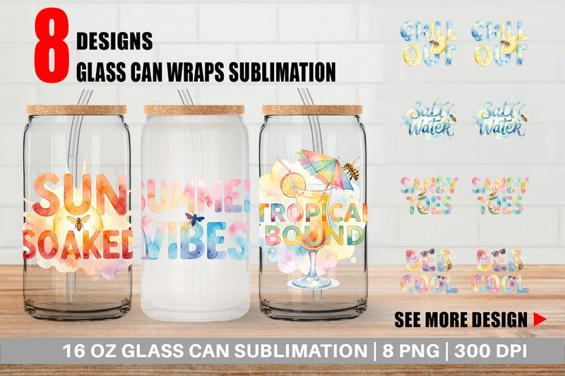 Glass Can Watercolor Tropical Summer Bee Vacation Quotes Sublimation artnoy 