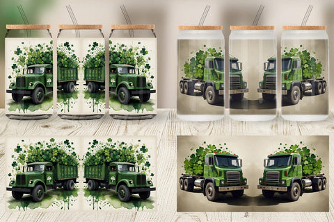 Glass Can Watercolor Truck Shamrocks Sublimation artnoy 