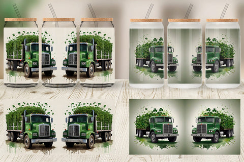 Glass Can Watercolor Truck Shamrocks Sublimation artnoy 