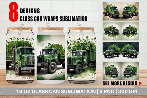 Glass Can Watercolor Truck Shamrocks Sublimation artnoy 