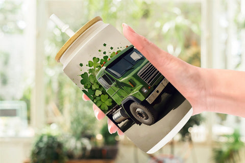 Glass Can Watercolor Truck Shamrocks Sublimation artnoy 