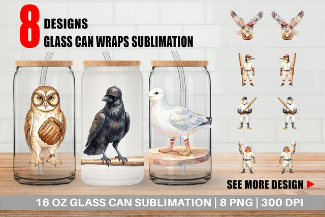 Glass Can Watercolor Vintage Bird Baseball Sublimation artnoy 