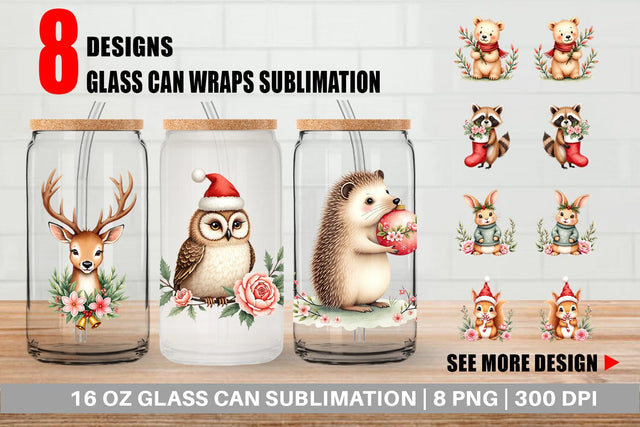 Glass Can Watercolor Vintage Christmas Animals Sublimation artnoy 