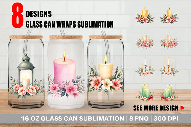 Glass Can Watercolor Vintage Christmas Candles Sublimation artnoy 