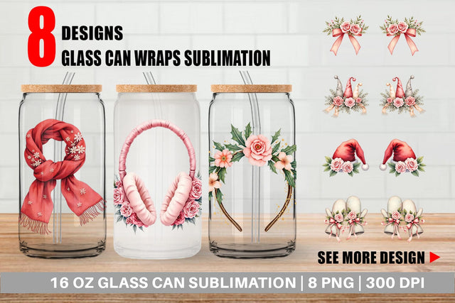 Glass Can Watercolor Vintage Christmas Hats Sublimation artnoy 