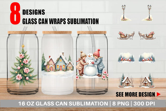 Glass Can Watercolor Vintage Christmas Scenes Sublimation artnoy 