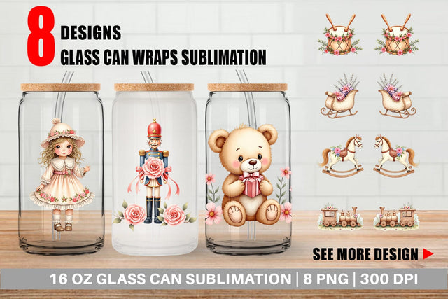 Glass Can Watercolor Vintage Christmas Toys Sublimation artnoy 