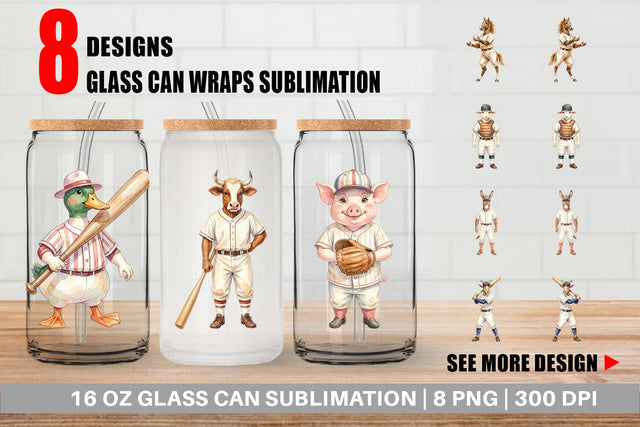 Glass Can Watercolor Vintage Farm Animal Baseball Sublimation artnoy 
