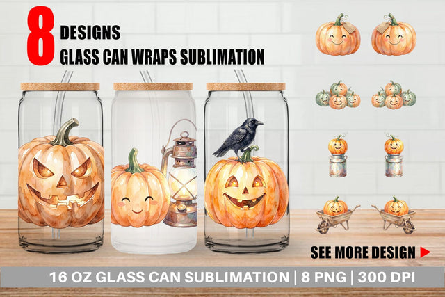 Glass Can Watercolor Vintage Farmhouse Pumpkin Sublimation artnoy 