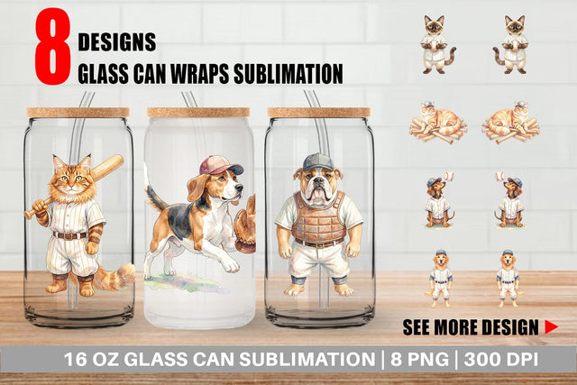 Glass Can Watercolor Vintage Pet Animal Baseball Sublimation artnoy 