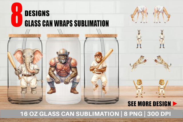 Glass Can Watercolor Vintage Safari Animal Baseball Sublimation artnoy 