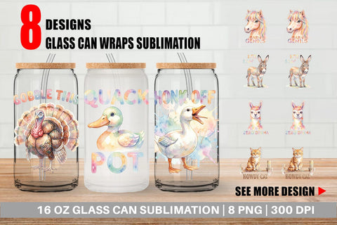 Glass Can Watercolor Wacky Barnyard Animal Quotes Sublimation artnoy 