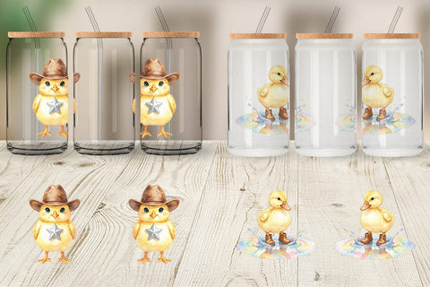Glass Can Watercolor Western Chick And Duckling Art Sublimation artnoy 